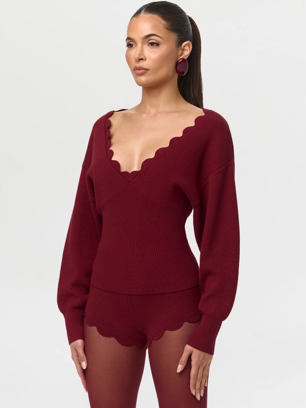 NAKED WARDROBE (Set) Scallop Burgundy Top size S , bottoms size M